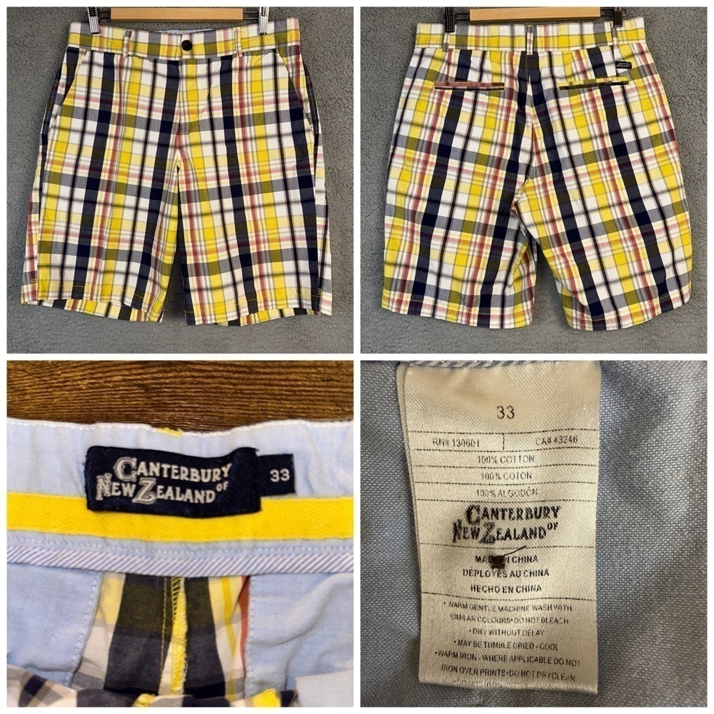 Canterbury of New Zealand Shorts Men's 33 Yellow Tundra Plaid Flat Front Chino